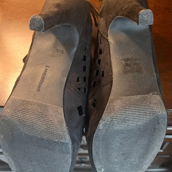 Black Suede Laser Cut Out Peep Toe Mesh Tassel Zip Up Heels in size 12 Wide - Picture 9 of 9